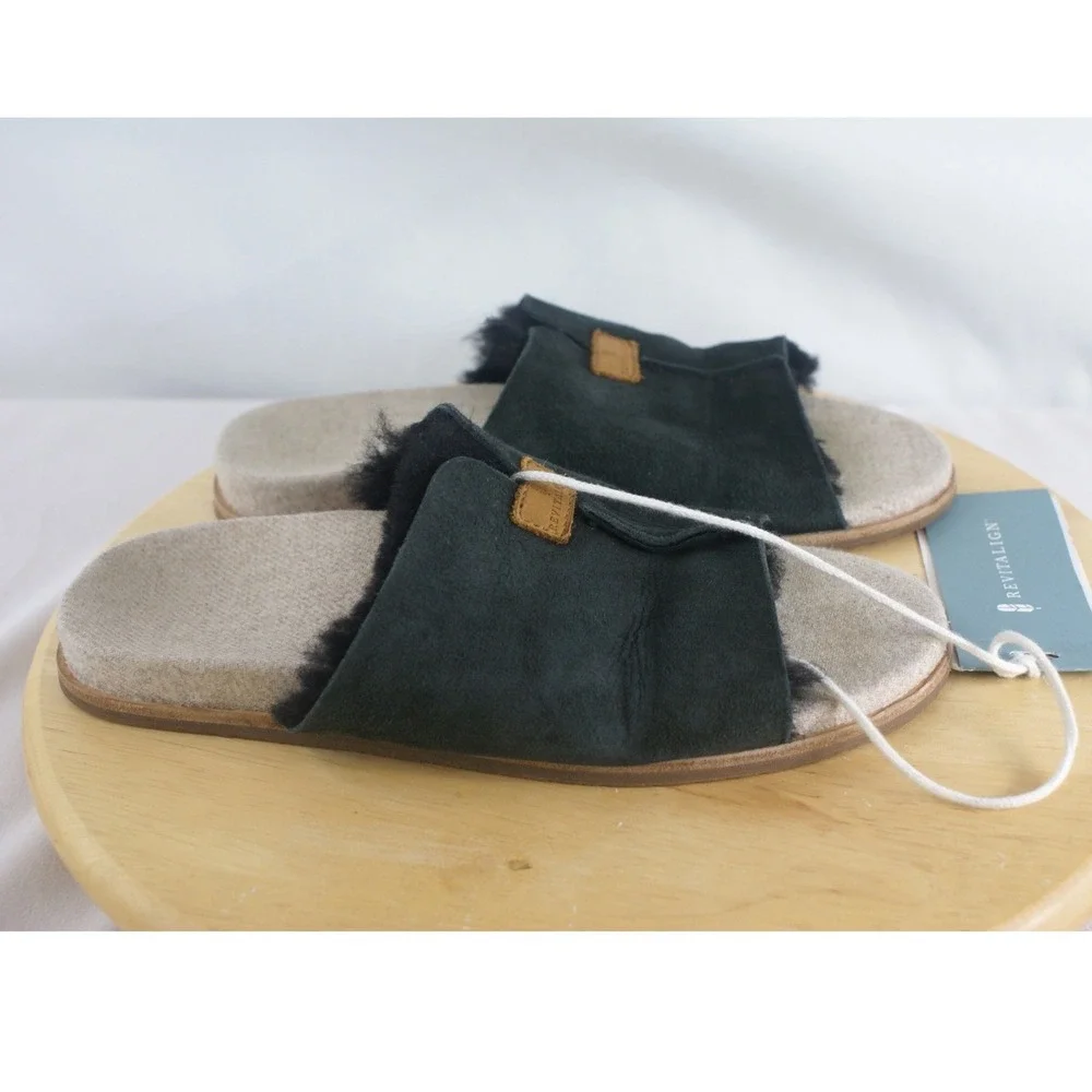 Revitalign Spruce Sher Slip Black Suede Faux Fur Orthotic Sandals Size 8B - Picture 2 of 8